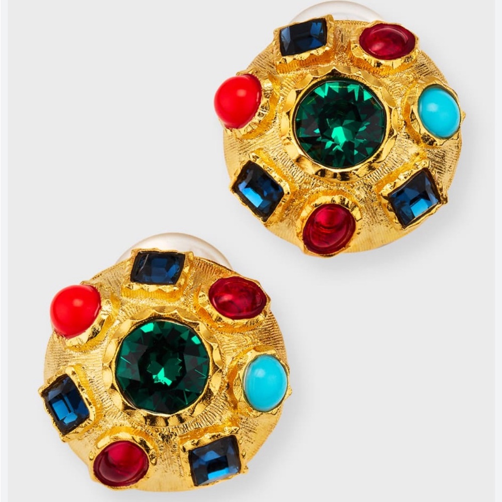 KJL Kenneth J Lane 22k Gold Plated Multi Colored Stone Clip Earrings